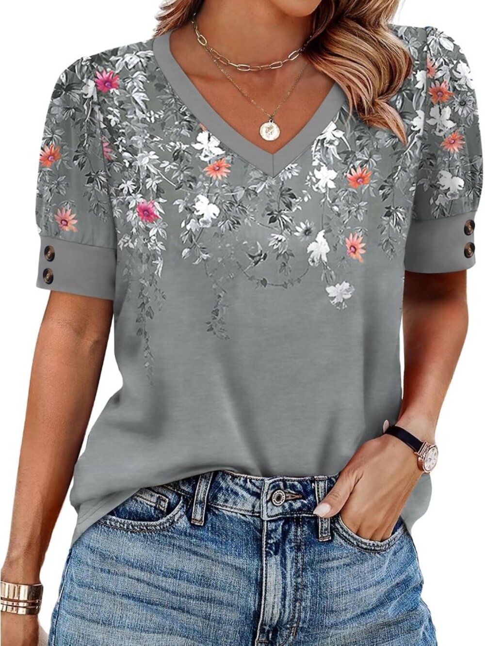 Womens Tops Short Sleeve Shirts Buttons V Neck Spring Fashion Summer Outfits Plu